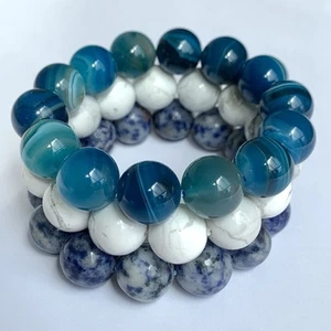 Gemporia Stretchy Bead Bracelet x 3 Banded Blue Agate Sodalite White Howlite - Picture 1 of 10