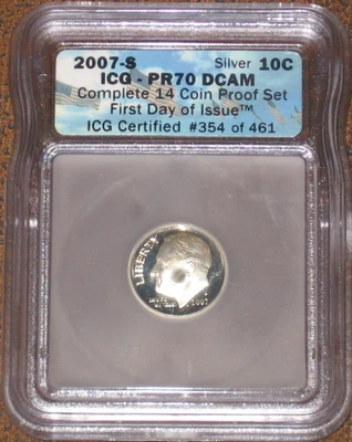 2007 S Roosevelt Dime Silver Proof ICG PR70 DCAM PF First Day Issue 10c - Image 1 of 2