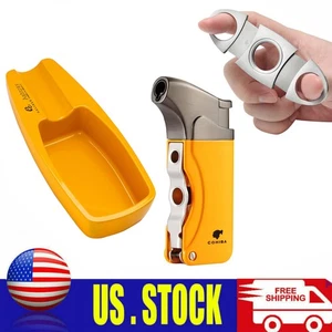 Travel Cigar Cutter 1 Jet Torch Lighter Cigar Punch Cigar Metal Ashtray Holder - Picture 1 of 12