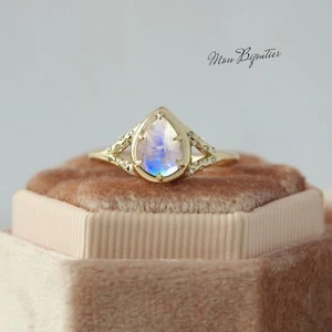 8x6mm Natura Pear Rainbow Moonstone & Natural Pave Diamond Wedding Ring 14k Gold - Picture 1 of 6
