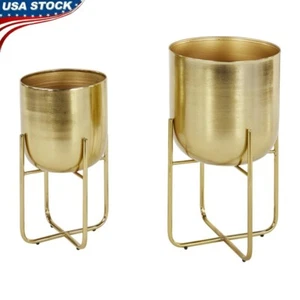 Brushed Gold Metal Planter Set of 2 Curved Base Decorative Indoor Outdoor Pots - Picture 1 of 11