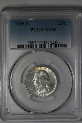 1936-S .25  PCGS  MS65     Washington Quarter, Silver 25 Cents - Image 1 of 2