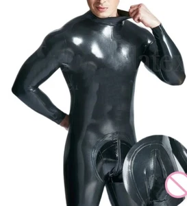 Hombre Látex Gatsuit Sin Cremallera Cuello Entrada con Codpiece Funda Oculta 0,4mm - Imagen 1 de 7