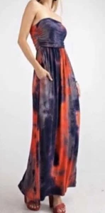 NWT 143 Story Women's Tie Dye Red Blue 4th July Maxi Dress Strapless Sz XS USA - Picture 1 of 4