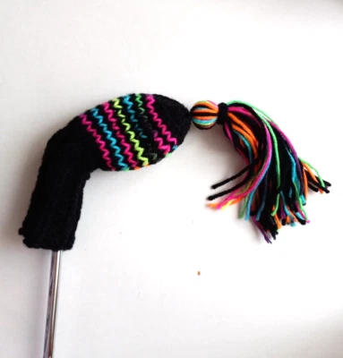 EROSGIFTS.ORG Black, neon stripes, tassel, knit golf club cover for putter iron, hybrid, wedge