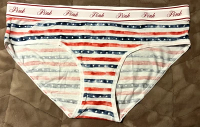 Victoria's Secret ROSA Blanco Bandera Estampado Rayas Algodón Hiphugger Panty ~M~ ¡NUEVO CON ETIQUETAS! Foto 1 de 3