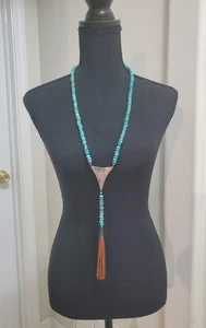 Southwest Türkis 8 mm Perlen Lariat Y Halskette 30 Zoll mit Lederquasten - Bild 1 von 9