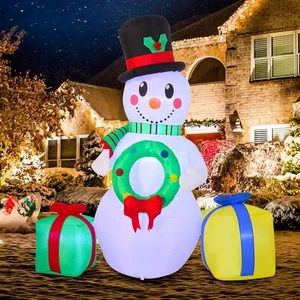 6 FT Christmas Inflatable Snowman, Holding A Christmas Wreath with Build-in LEDs - Picture 1 of 6