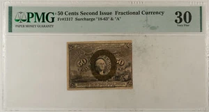 50 CENTS 2ND ISSUE FRACTIONAL CURRENCY FR#1317 SURCHARGE 18-63 & A - PMG VF-30! - Picture 1 of 2