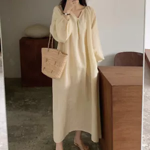 Womens Plain Dress Sleepwear Loose Nightgown Long Sleeve Casual Retro Pajamas - Picture 1 of 16