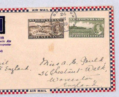 Canada NEWFOUNDLAND KGVI Air 1939 TRANS-ATLANTIC FIRST FLIGHT Cover Worcs YN8 - Image 1 of 4