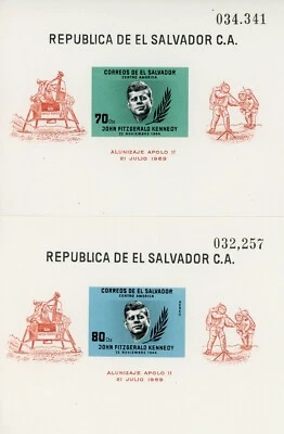 Conjunto de lençóis lembrança El Salvador 750a e C214a John F Kennedy sobreimpressão 1964 - Imagem 1 de 4