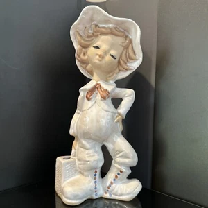 UCTCI Japan Boy With Floppy Hat and Wicker Suitcase 8 1/8” Clay Vintage MCM - Picture 1 of 11