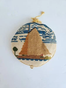 Antique Vintage Pin Holder Boat Needlepoint Lined Hand Stitched Home Decor - Picture 1 of 9