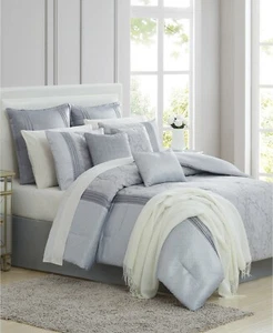 Pem America Elegant Pleated Damask Sterling 14-Pc. Comforter Set QUEEN Silver - Picture 1 of 12