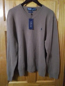 Polo Ralph Lauren Sweater Men's XL Brown 100% Lambswool V Neck Pullover Damage - Picture 1 of 6