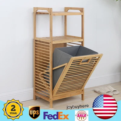 Bamboo Bathroom Laundry Hamper Cabinet Tilt Out Basket Storage W/2-Tier Shelf - Image 1 of 4