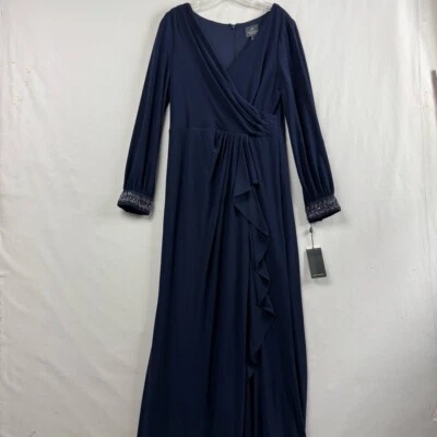 Adrianna Papell Dress Womens size 8 Evening Gown Long Sleeve Beaded Ruffle Blue - Image 1 of 4
