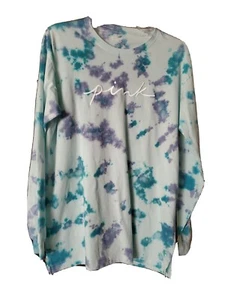 VS PINK Victoria's Secret Blue Tie Dye T-Shirt Embroidered Logo Long Sleeve NEW - Picture 1 of 5