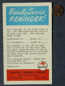 Tarjeta postal recordatoria de cambio de aceite estación de servicio móvil Sylvania Ohio de la década de 1940 # 2-- - Imagen 1 de 1