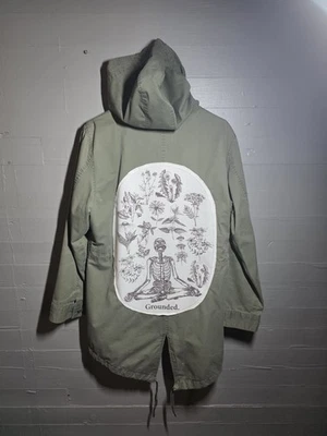 Custom Stay Grounded  Back Patched Skull Army Green Long Jacket Size Large - Image 1 of 4