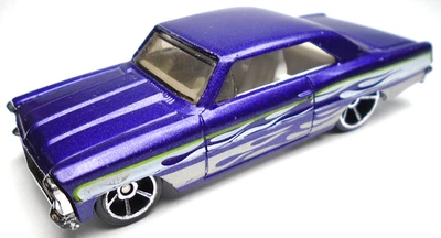 2018 HOT WHEELS HW '66 CHEVY NOVA PURPLE DIECAST 3" CAR W/ WHITE & SILVER FLAMES - Image 1 of 4