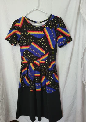 Girls Lularoe Amelia Dress Black Rainbow Star Night Sky Print Size Small - Image 1 of 4