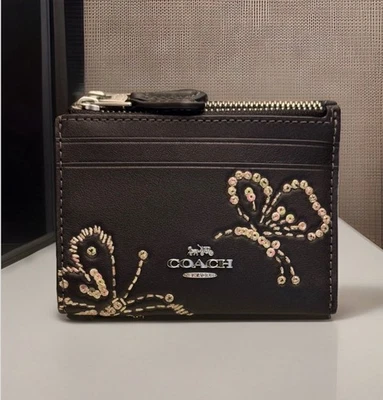 🦋NUEVO Coach Mini Estuche de Identificación Ajustado Estampado Mariposa🦋✨Llavero de Cuero Negro CCM78 Foto 1 de 4