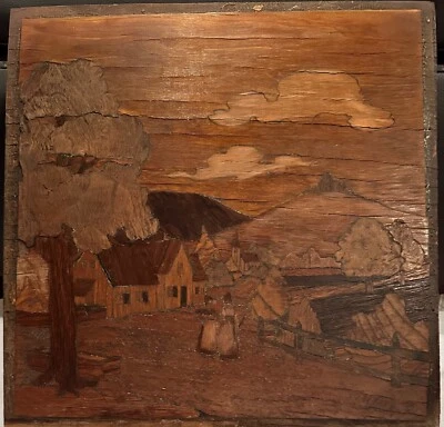 "Antiguo arte de pared con panel de madera escena holandesa de marquetería con incrustaciones del siglo XIX 12""" Foto 1 de 4