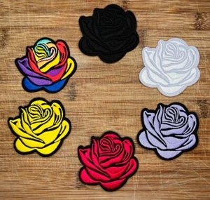 Embroidered Rose Iron-On Patch - 3in Red Black Yellow Rainbow Purple, White - Picture 1 of 9