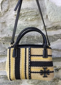 NWOT Tory Burch McGraw Black/Natural Linen Stripe Mini Satchel MSRP $378 - Picture 1 of 21