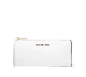 New Michael Kors Jet Set Travel Large Leather Quarter-Zip Wallet Optic White - Picture 1 of 2