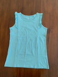 Garnet Hill Kids Girls Size XL (12-14) Girls Ruffle-Shoulder Knit Tank, Teal - Picture 1 of 3