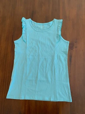Garnet Hill Kids Girls Size XL (12-14) Girls Ruffle-Shoulder Knit Tank, Teal - Image 1 of 3