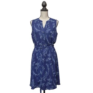 Apt.9 Pin Tuck Women's Size M Blue Floral Sleeveless Belted V-Neck Shirt Dress - Picture 1 of 13