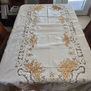 Nu Wave Madeira Beige Bestickt und Schnitt Spitze Tischdecke mit Hellbraun & Gold 70x102" - Bild 1 von 4