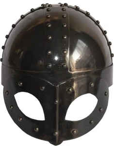 Casco de máscara vikinga medieval enchapado antiguo negro con revestimiento y correa casco adulto - Imagen 1 de 3