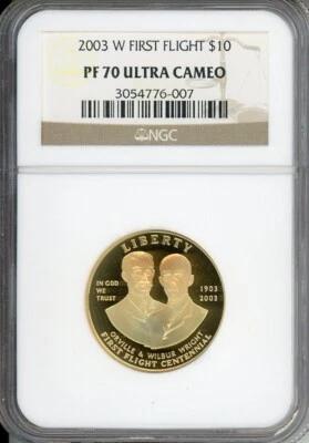2003-W $10 GOLD NGC PR70 FIRST FLIGHT PROOF PF70 WRIGHT Brothers 1/2 Oz. PF-70 - Image 1 of 2