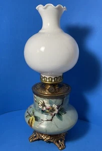 Antique Ornate Brass Oil Lamp Hand Paint Flowers GWTW Crow Feet Milk Glass Works - Picture 1 of 24