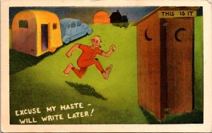 Excuse My Haste Will Write Later! Outhouse Humorous Postcard - Picture 1 of 2