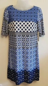 Eliza J Women's Tile Printed Mini Dress Blue Short Sleeve Shift Dress Small NWT - Picture 1 of 9