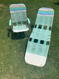2 Vintage Folding Aluminum Chaise Lounge Lawn Beach Chair Vinyl Tubing Set Green