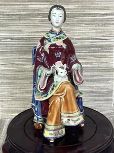 Chinese Porcelain Shi Wan Lady Women Sitting On The Chair With A Kitten - Picture 1 of 10