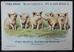 PARIS RANGES STOVES HEATERS VICTORIAN TRADE CARD~FIVE PIGLETS IN THE GRASS~PIG - Picture 1 of 3