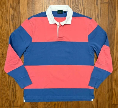 Camisa J Crew Hombres L Azul Coral Rayas Rugby Remero Acolchado Codos Algodón De Colección Foto 1 de 4
