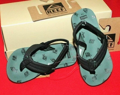 BOYS REEF LITTLE AHI FLIP FLOP SANDAL SIZE 3-4 GREEN FISH/HEEL STRAP NEW wt TAGS - Image 1 of 3