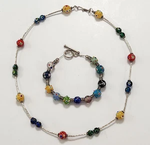 Set Multicolor Lampworks Glass Bead Necklace Bracelet Silvertone Carnival Boho - Picture 1 of 10