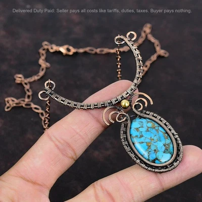 Colar embrulhado em fio artesanal pedra turquesa cobre azul cobre negócio Halloween - Imagem 1 de 4