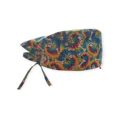 Tie Die Dog Paws & Bones Tie Back Scrub hat/ cap 100% Cotton Surgical Medical - Image 1 of 2