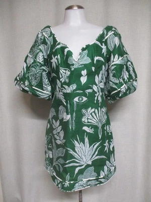 *NUEVO * Mini Vestido Farm Rio Verde Floral Hombro Descubierto Manga Abullonada Lino S $265 Foto 1 de 4
